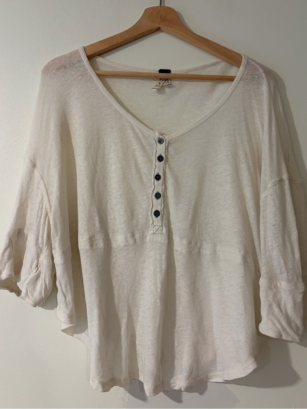 Vintage Free people Cream Linen Cotton blend Scoop Neck Henley Tunic